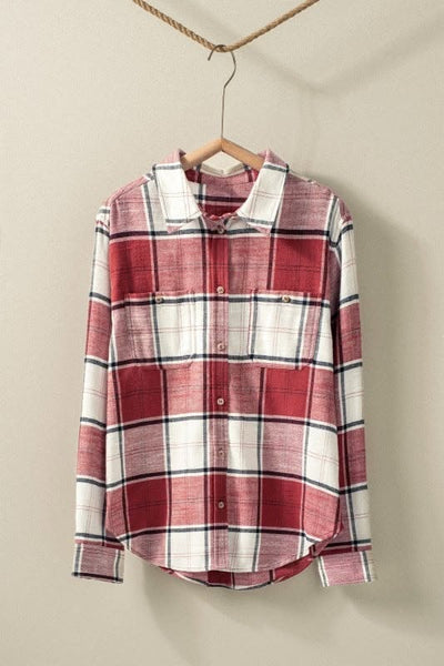 Jaelie Plaid Flannel Button Down - Burgundy