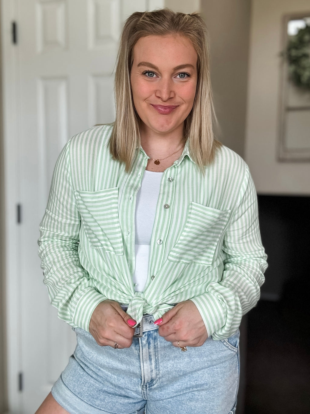 Eliana Stripe Button Up - Lime - SIZE SMALL