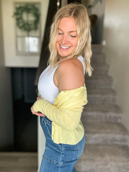 Long Sleeve Pointelle Button-Up Cardigan - Yellow