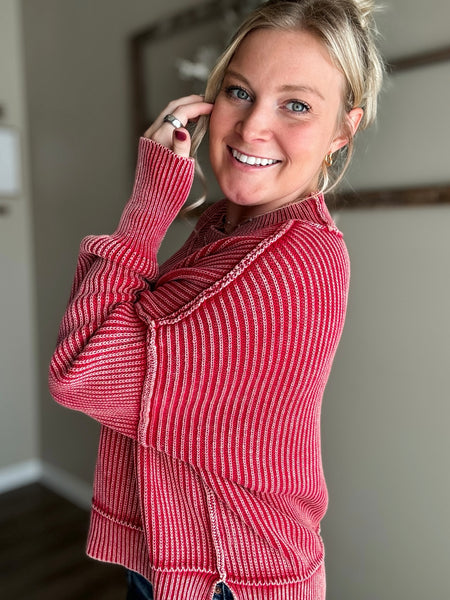Hollis Washed Knit Sweater - Dark Red