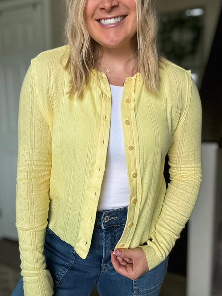 Long Sleeve Pointelle Button-Up Cardigan - Yellow