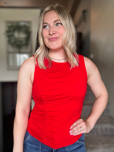Ruched Side Sleeveless Knit Top - Red