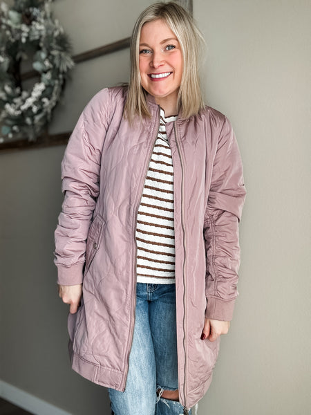 Berklee Long Quilted Bomber Jacket - Dusty Rose