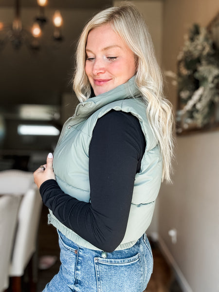 Brooklyn High Neck Cropped Puffer Vest - Olive