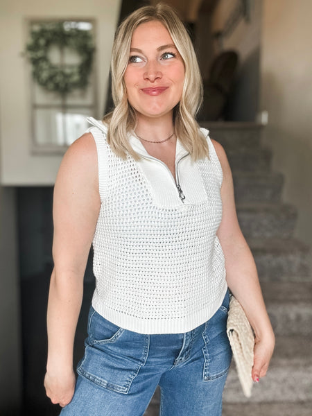 Open Knit Zip Collar Sleeveless Sweater - Ivory
