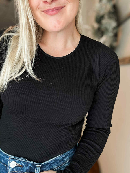 Juniper Long Sleeve Ribbed Bodysuit - Black - SIZE LARGE