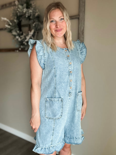 Juju Ruffle Denim Romper - Dark