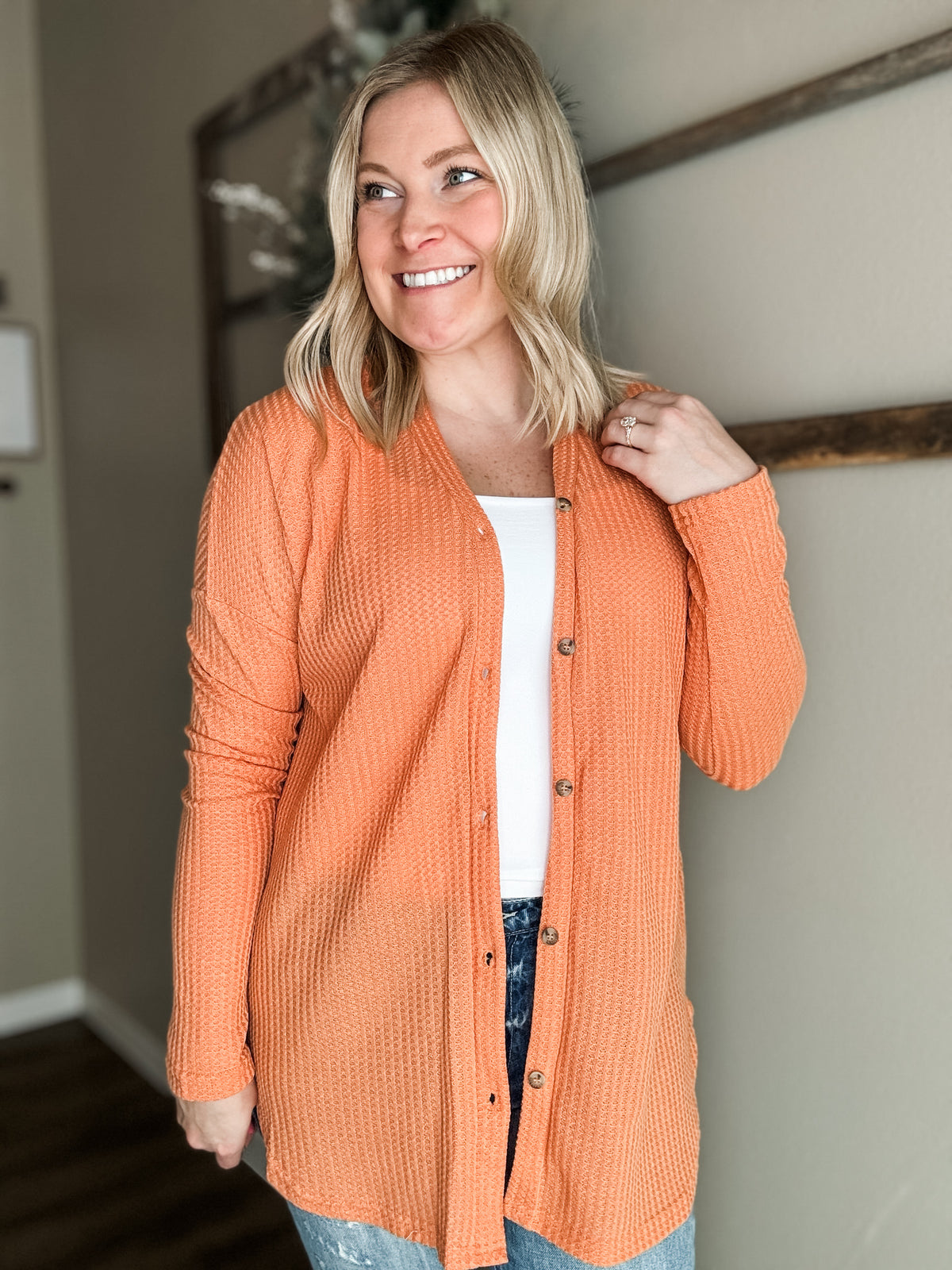 Hadlie Waffle Button Down Cardigan - Cantaloupe - SIZE SMALL