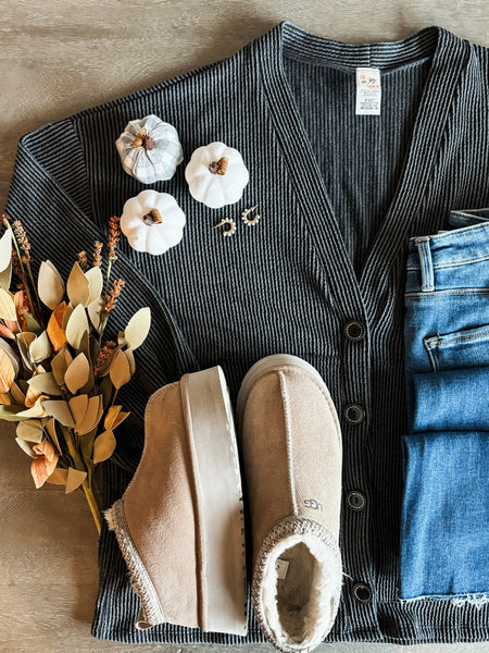 Perri Ribbed Cardigan - Charcoal - SIZE SMALL