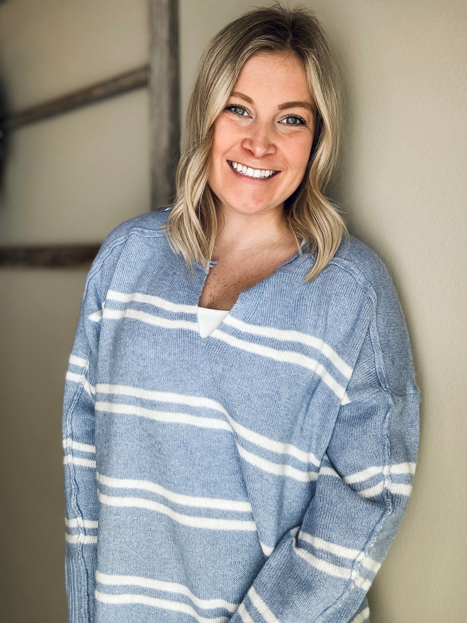 Emory Notched Neck Stripe Sweater