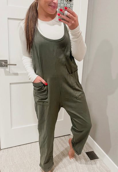 Totally Me Spaghetti Strap Jumpsuit RL - Dark Olive- SIZE S/M