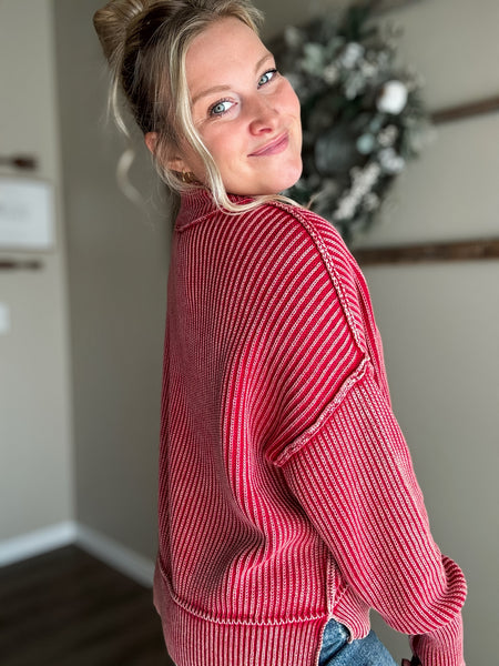 Hollis Washed Knit Sweater - Dark Red