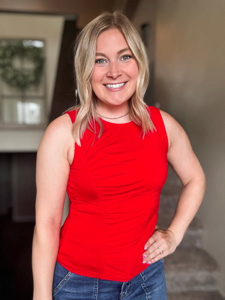 Ruched Side Sleeveless Knit Top - Red