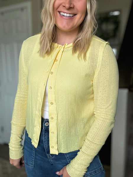 Long Sleeve Pointelle Button-Up Cardigan - Yellow