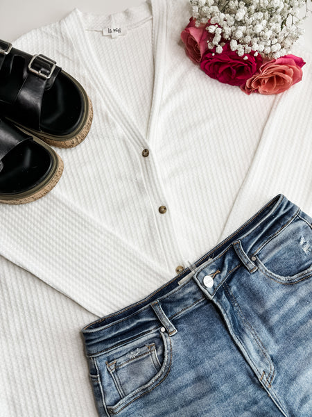 Hadlie Waffle Button Down Cardigan - White - SIZE SMALL
