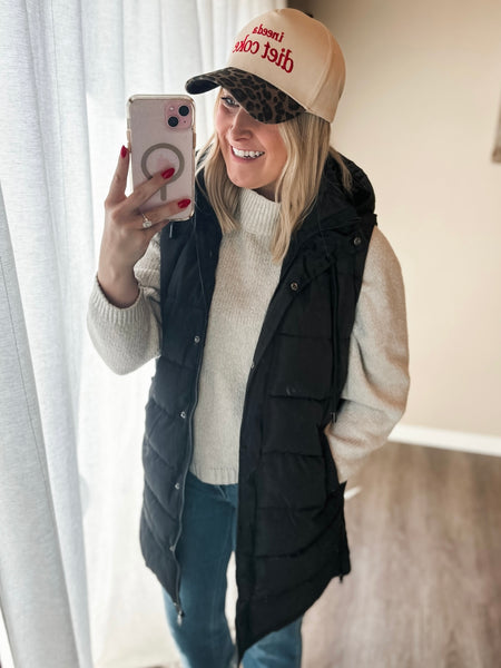 Brendi Black Long Puffer Vest - Black