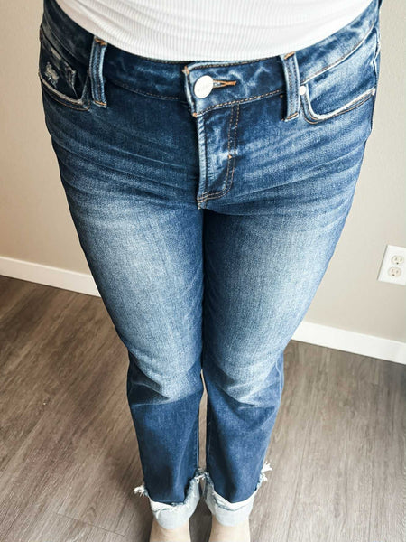 Presley High Rise Straight Cuffed Jeans - Dark Wash