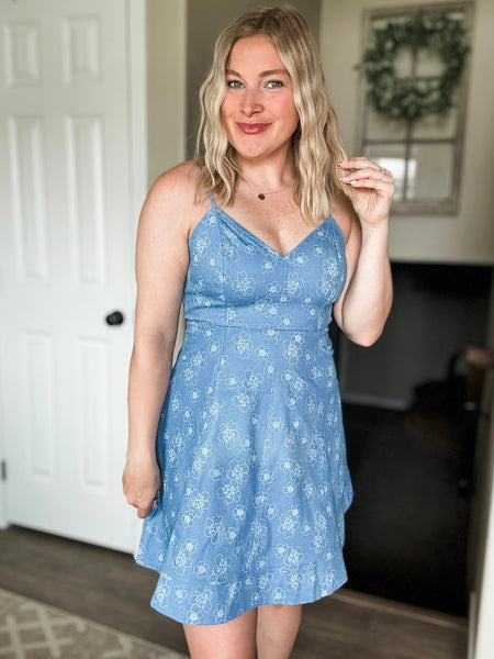 Denim Floral Cami Dress - Light Denim