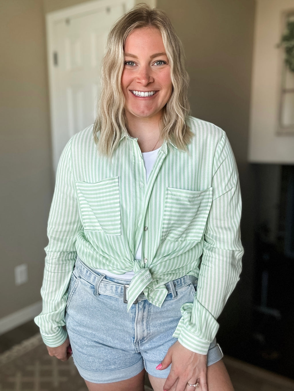 Eliana Stripe Button Up - Lime - SIZE SMALL