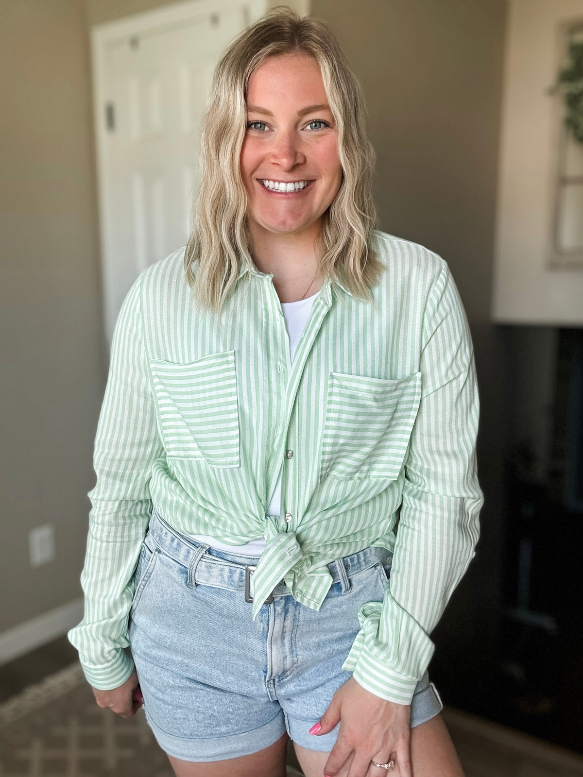 Eliana Stripe Button Up - Lime - SIZE SMALL