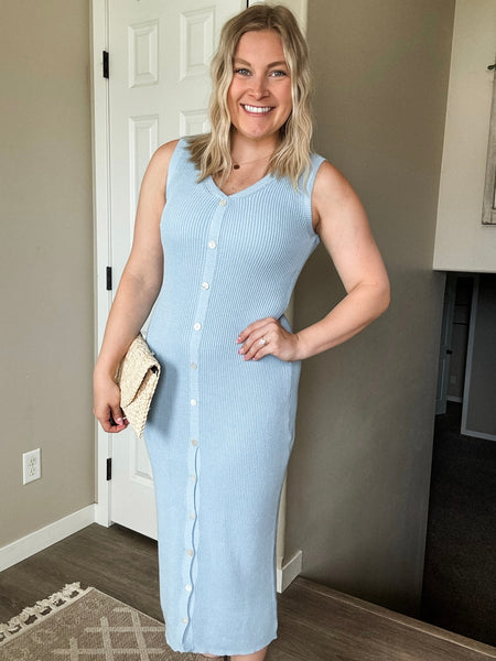 Button Front Rib Knit Midi Dress Slim Fit - Blue