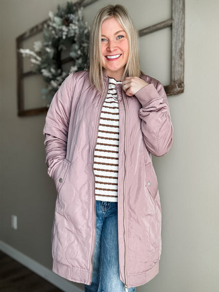 Berklee Long Quilted Bomber Jacket - Dusty Rose