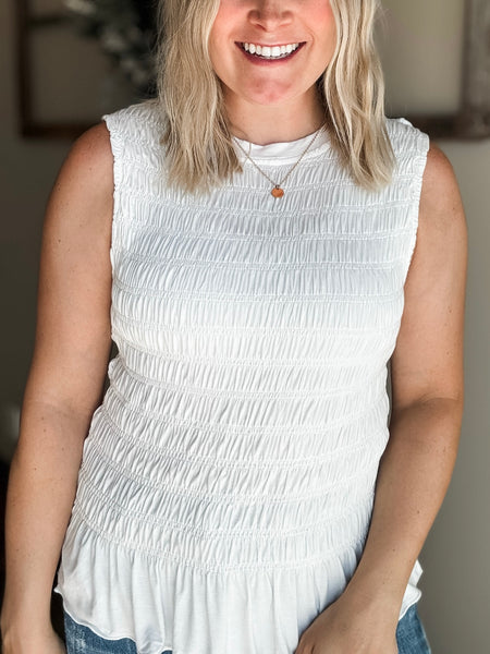 Bridgette Smocked Ruffle Hem Tank - White