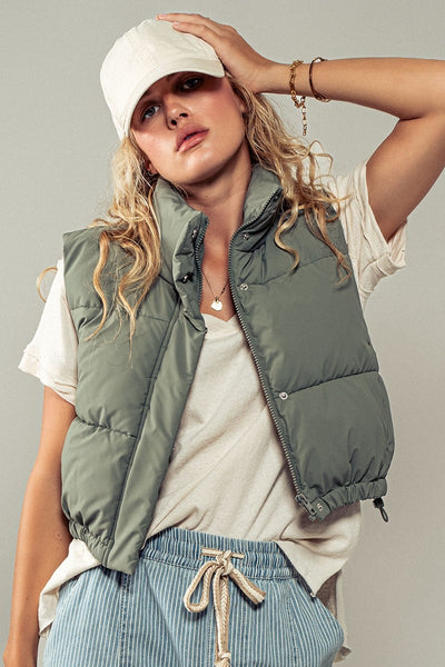 Brooklyn High Neck Cropped Puffer Vest - Olive