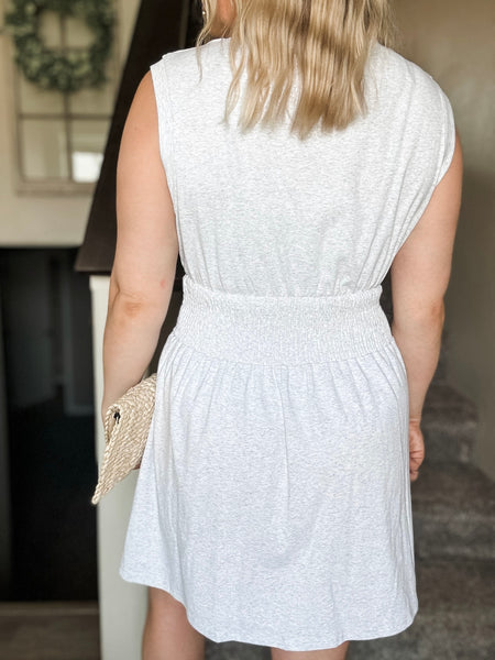 Smocked Waist Sculpted Shoulder Mini Dress