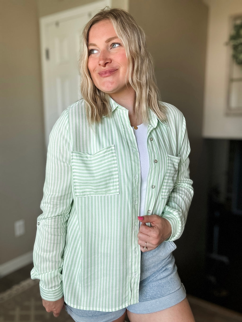 Eliana Stripe Button Up - Lime - SIZE SMALL