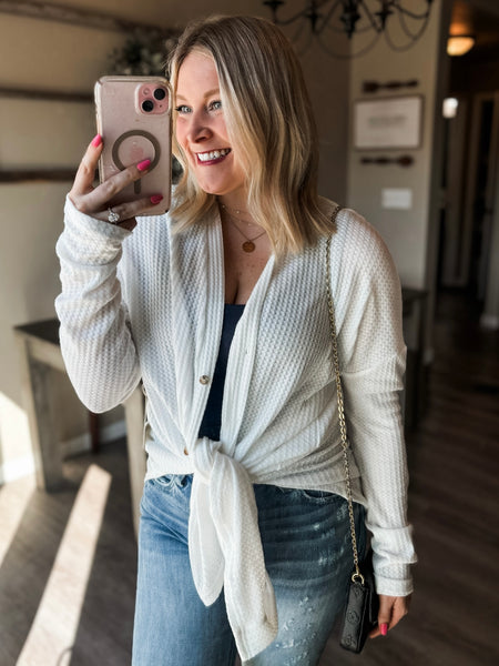 Hadlie Waffle Button Down Cardigan - White - SIZE SMALL