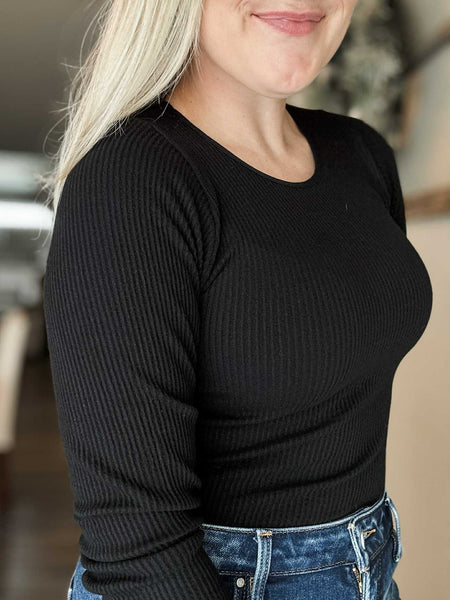 Juniper Long Sleeve Ribbed Bodysuit - Black - SIZE LARGE