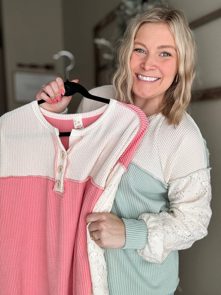 Tally Two Tone Ribbed Top - Sage