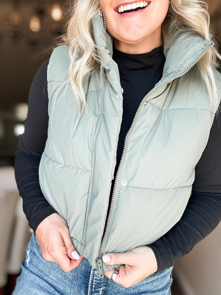 Brooklyn High Neck Cropped Puffer Vest - Olive