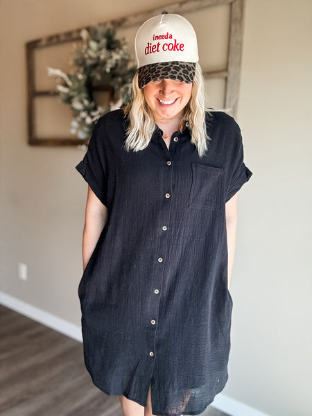 Positano Button Up Shirt Dress - Black