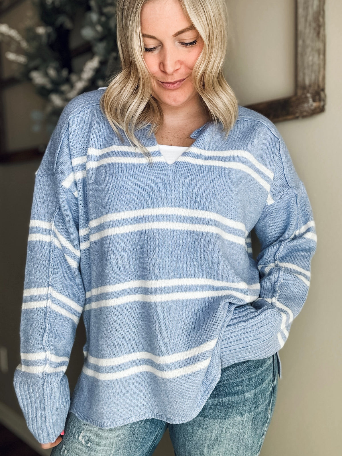 Emory Notched Neck Stripe Sweater
