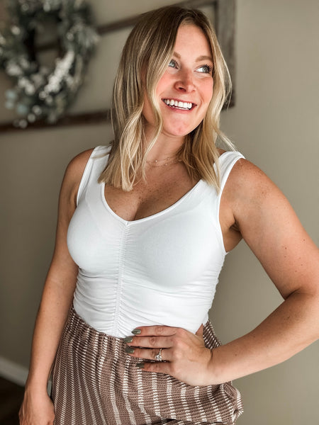 Avie V Neck Shirred Top - White