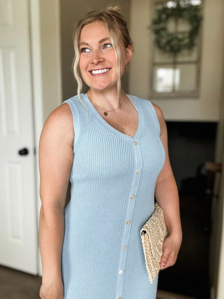 Button Front Rib Knit Midi Dress Slim Fit - Blue