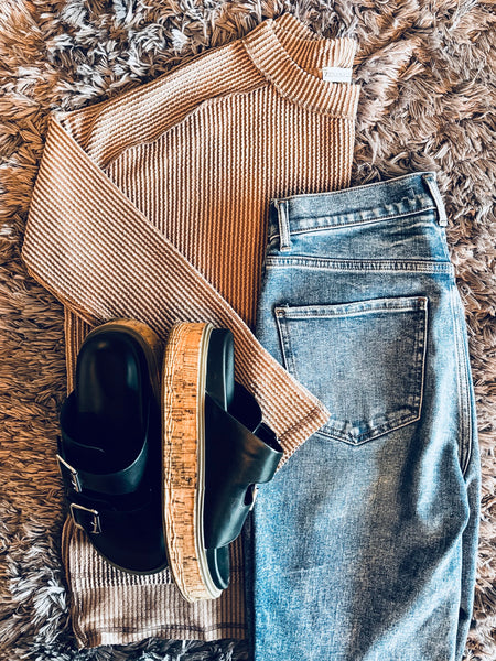 Wander & Rest Cable Ribbed Knit Drop Shoulder Top - Mocha - SIZE L/XL