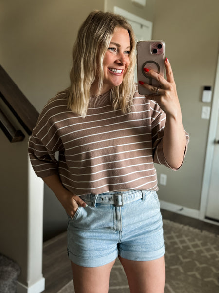 Karter Stripe Sweater Top - Taupe/White
