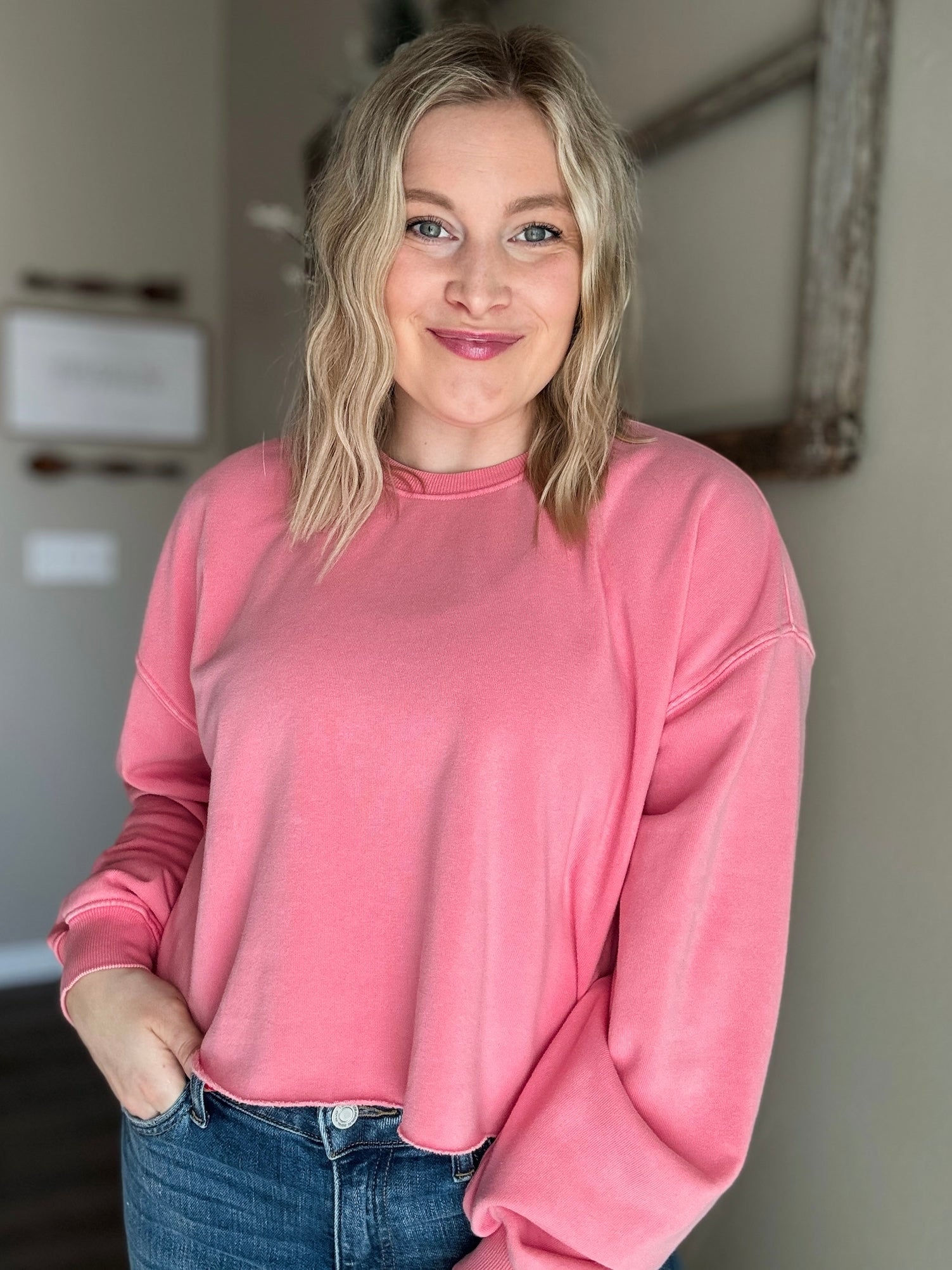 Brightside Cropped Crewneck - Pink - SIZE SMALL