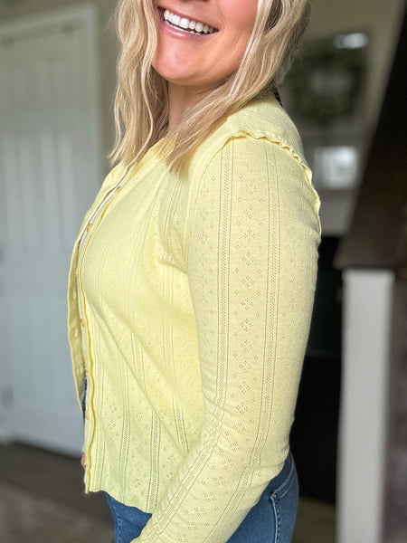 Long Sleeve Pointelle Button-Up Cardigan - Yellow
