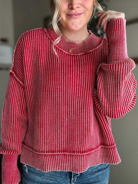 Hollis Washed Knit Sweater - Dark Red