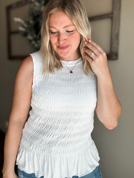 Bridgette Smocked Ruffle Hem Tank - White