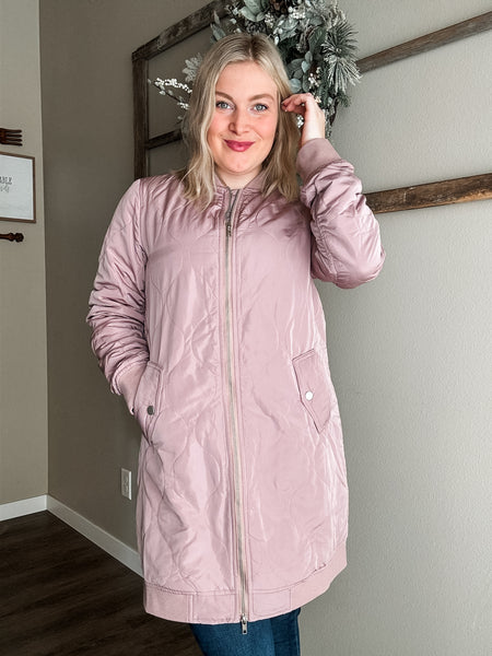 Berklee Long Quilted Bomber Jacket - Dusty Rose