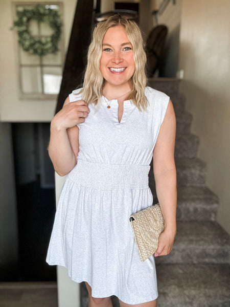 Smocked Waist Sculpted Shoulder Mini Dress