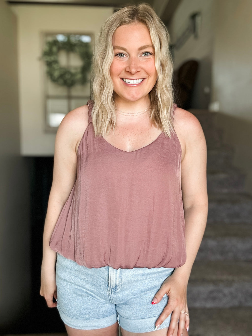 Zaria Billowy Strap Accent Tank - Mauve