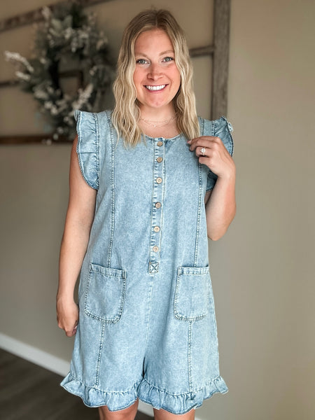 Juju Ruffle Denim Romper - Dark