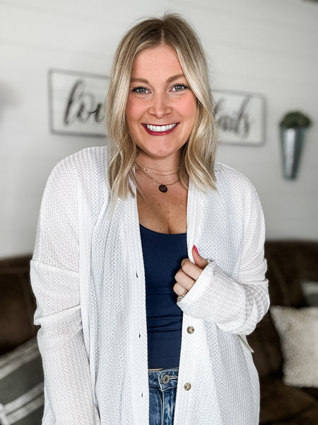 Hadlie Waffle Button Down Cardigan - White - SIZE SMALL