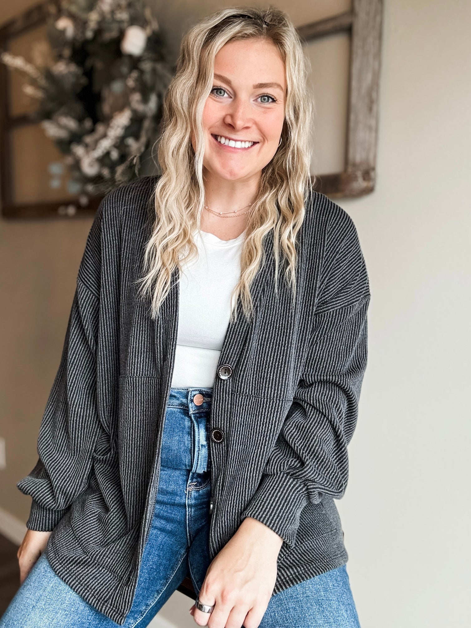 Perri Ribbed Cardigan - Charcoal - SIZE SMALL